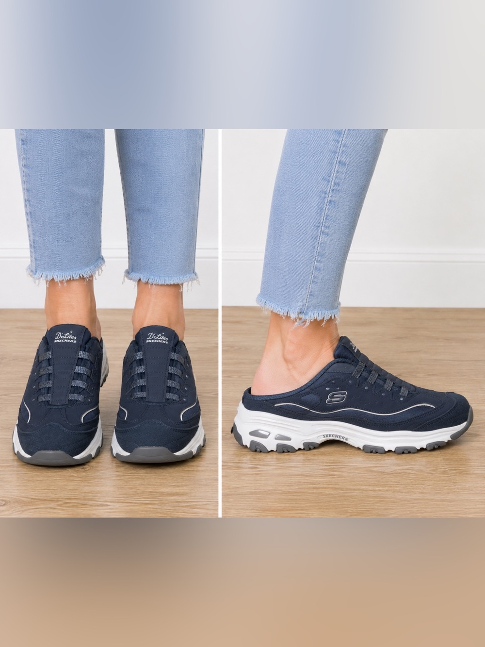 Skechers D’Lites Navy White Slip-On Mule Sneakers for Women size 8.5 sporty